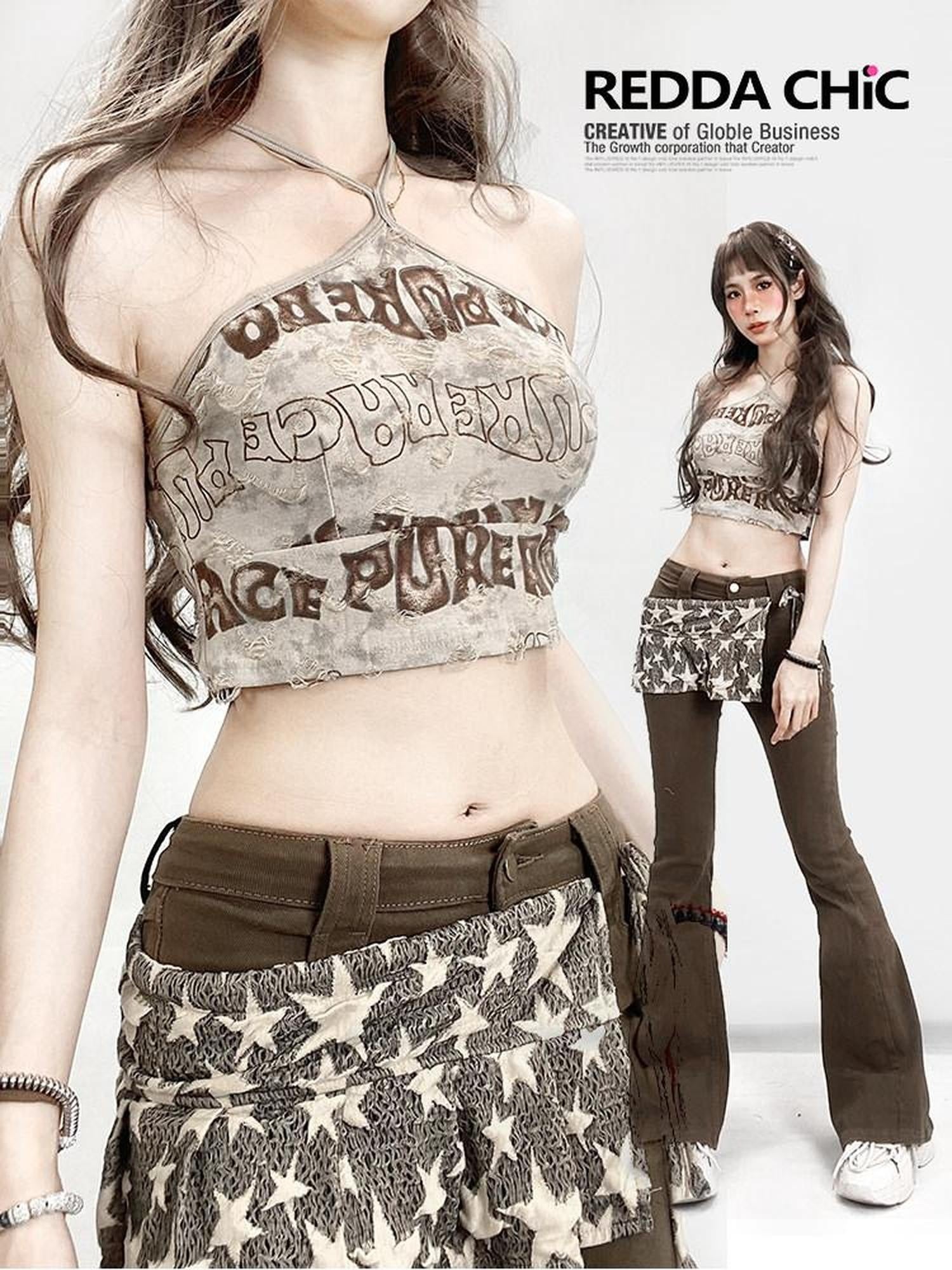 ReddaChic Flattering Slim Fit Letter Print Halter Light Brown One Size Maxi Skirts