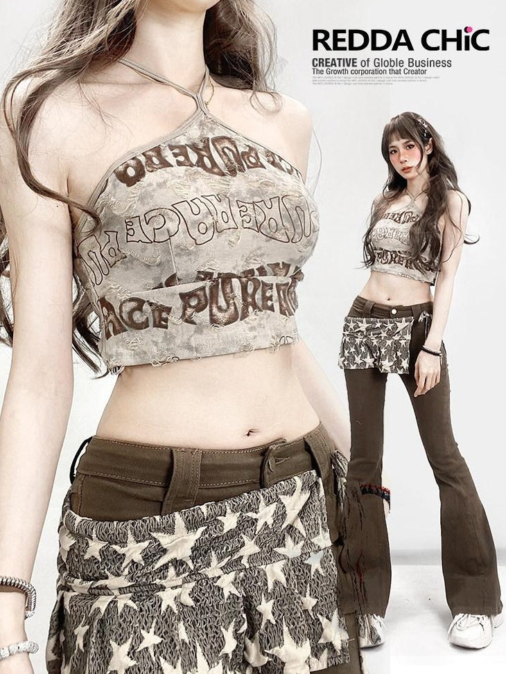 ReddaChic Flattering Slim Fit Letter Print Halter Light Brown One Size Maxi Skirts