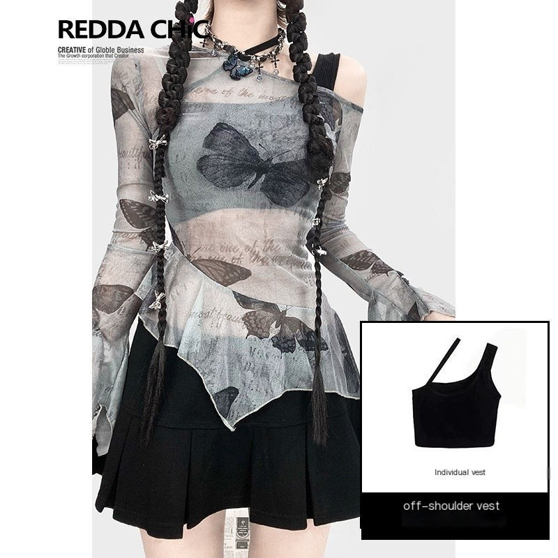 ReddaChic_Floral_Print_Mesh_Layered_Slim_Fit_Office_Casual_For_Young_Women_Denim_Shorts_MISSTT
