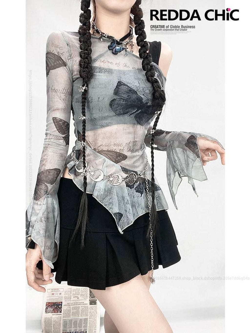 ReddaChic Floral Print Mesh Layered Slim Fit Office Casual For Young Women Denim Shorts