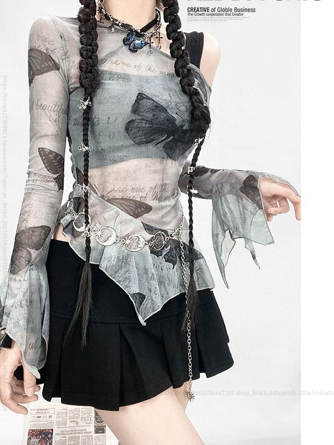 ReddaChic Floral Print Mesh Layered Slim Fit Office Casual For Young Women Denim Shorts