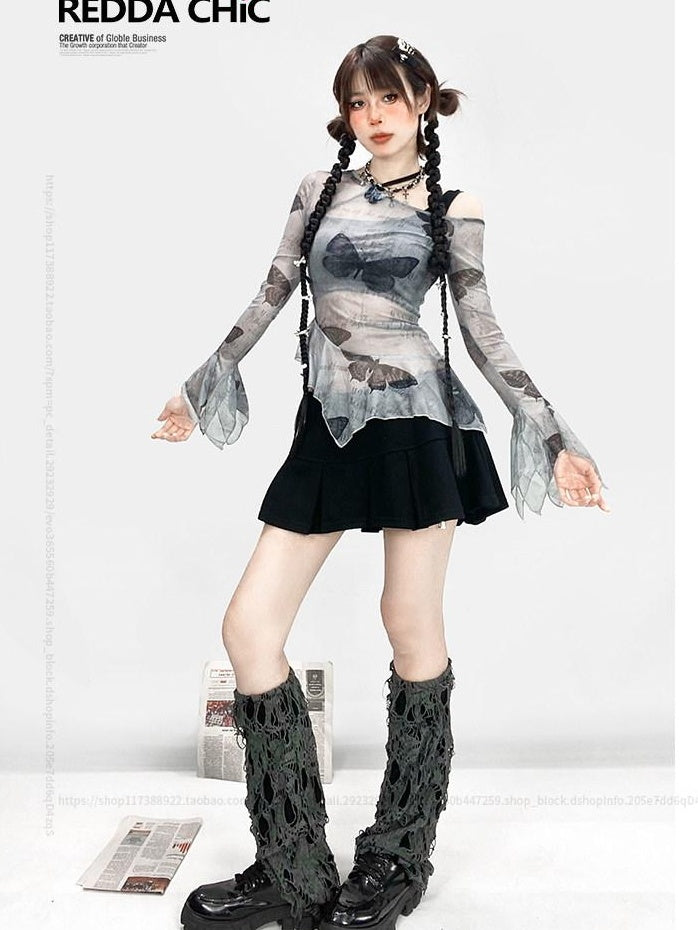 ReddaChic Floral Print Mesh Layered Slim Fit Office Casual For Young Women Denim Shorts