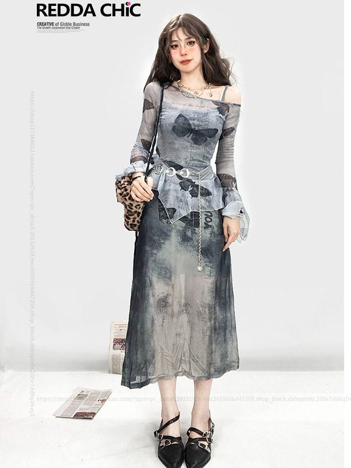 ReddaChic Floral Print Mesh Layered Slim Fit Office Casual For Young Women Denim Shorts