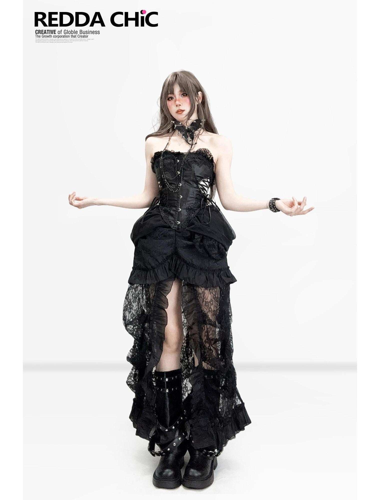 ReddaChic Gothic Lace Strapless Slim Two Piece Set Outdoor Travel Skirt Camisoles