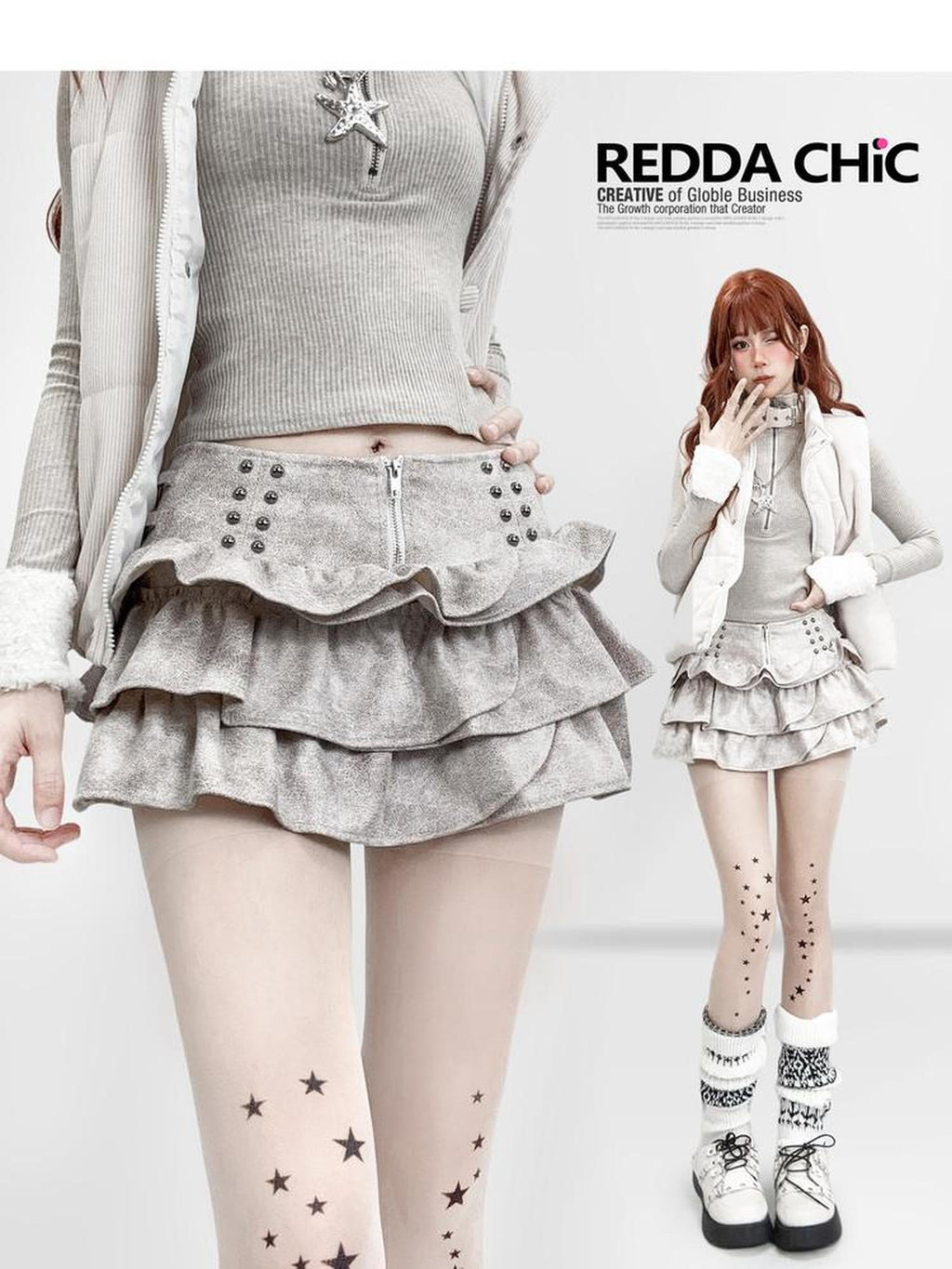 ReddaChic Gothic Ruffle Tie Dye Flared Cake Hem Low Waist Women Khaki Long Sleeve T-Shirts