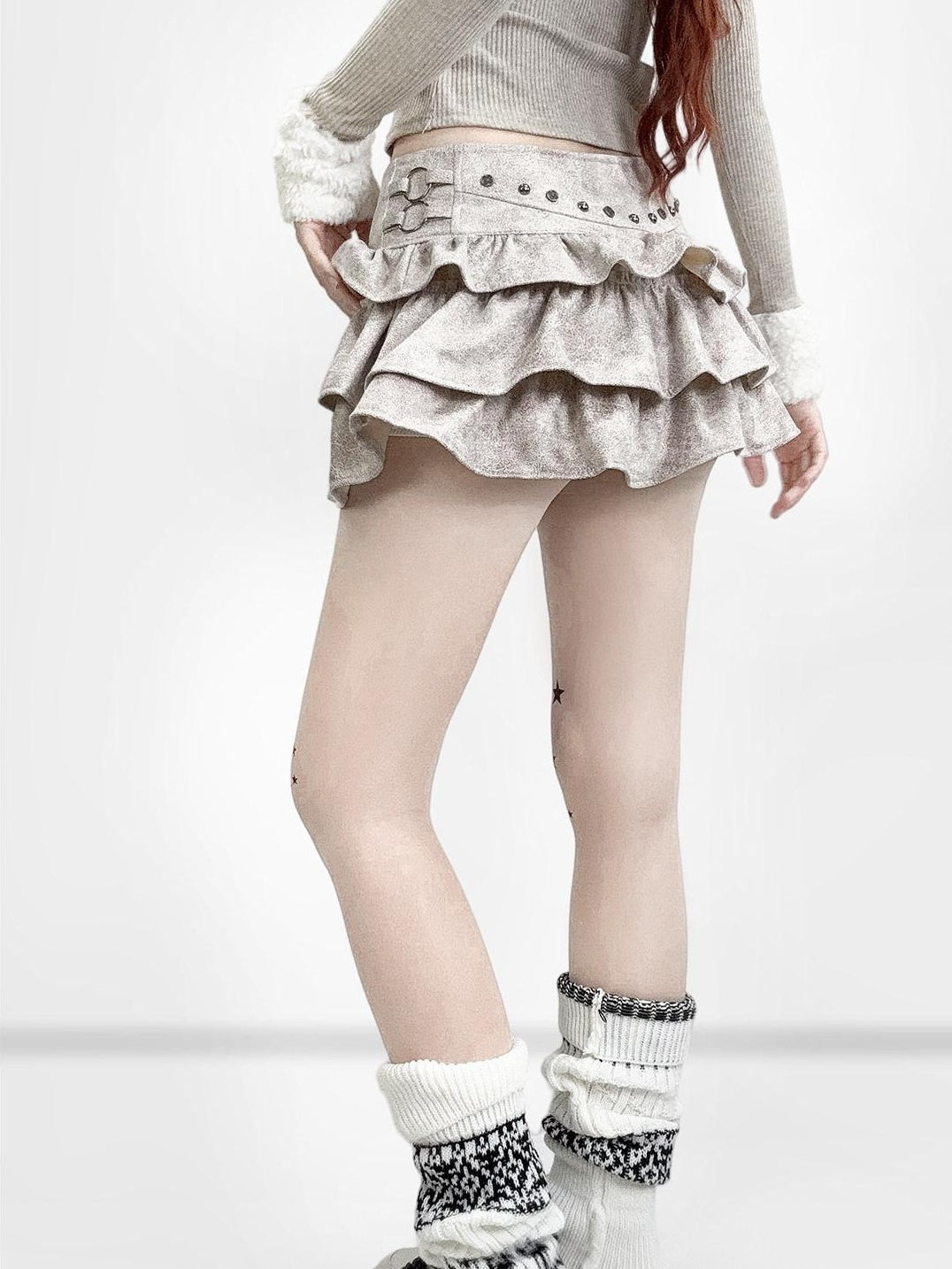 ReddaChic Gothic Ruffle Tie Dye Flared Cake Hem Low Waist Women Khaki Long Sleeve T-Shirts