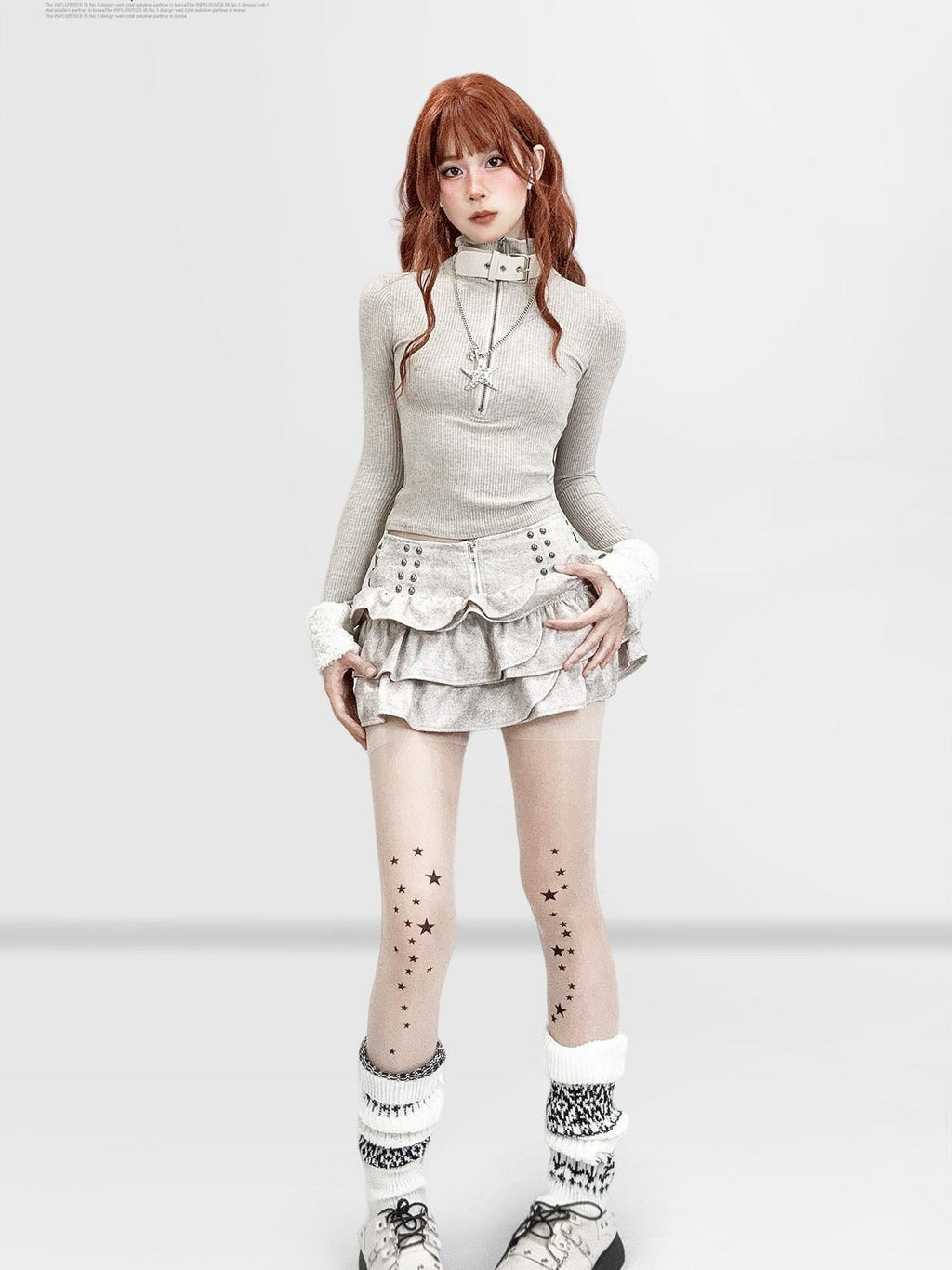 ReddaChic Gothic Ruffle Tie Dye Flared Cake Hem Low Waist Women Khaki Long Sleeve T-Shirts