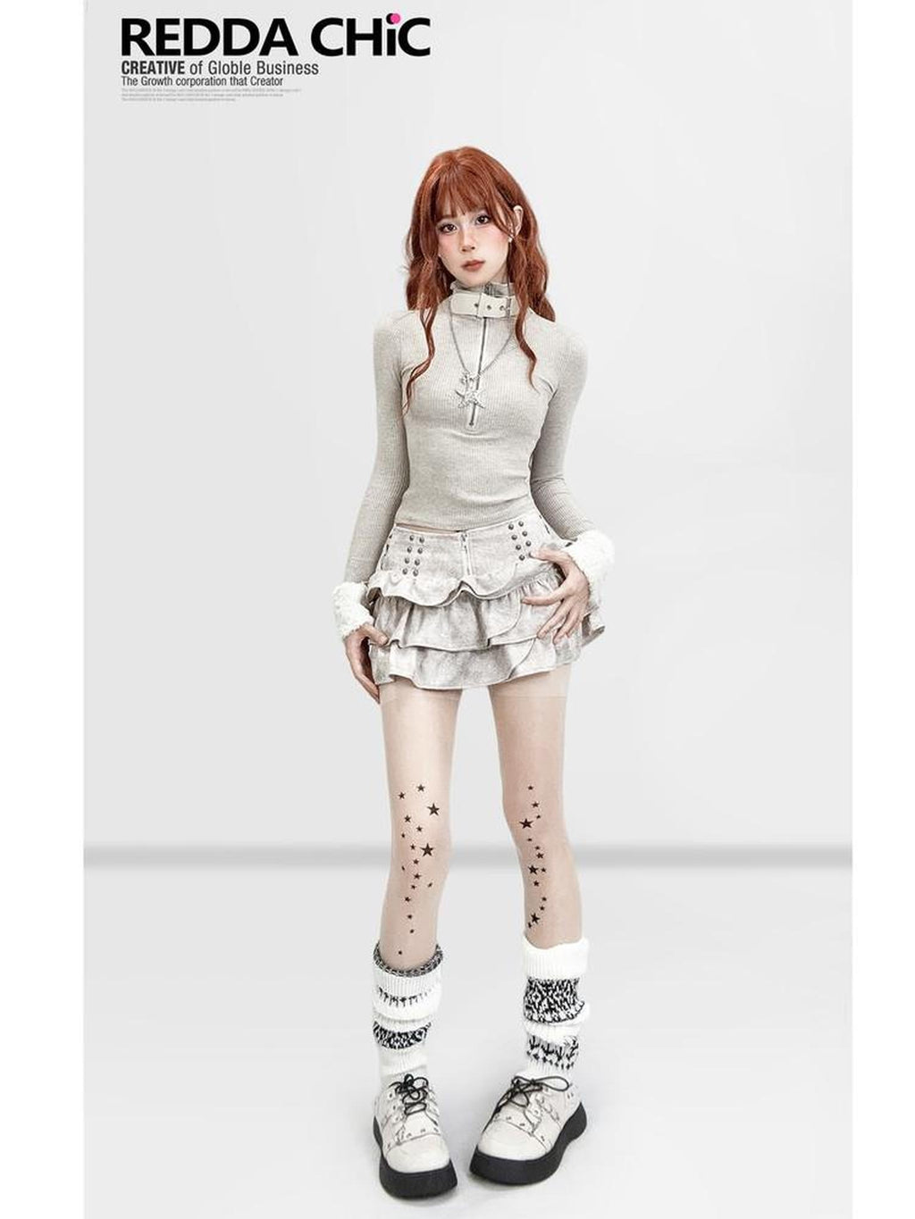 ReddaChic Gothic Ruffle Tie Dye Flared Cake Hem Low Waist Women Khaki Long Sleeve T-Shirts