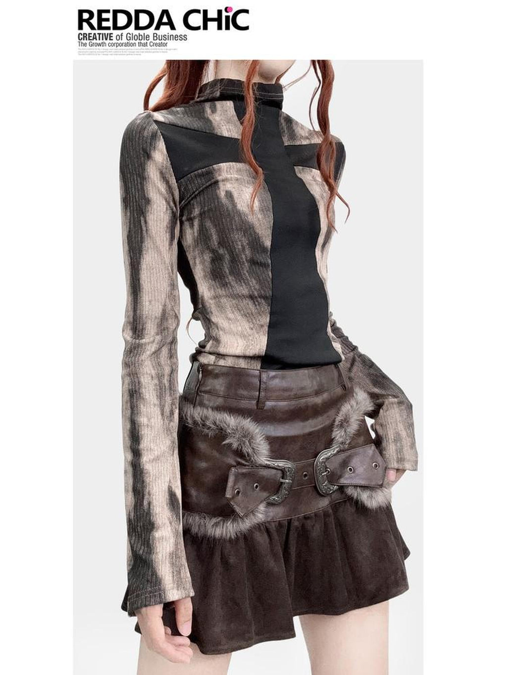 ReddaChic Gothic Tie Dye High Neck Bell Sleeves Women Long Sleeve T-Shirts
