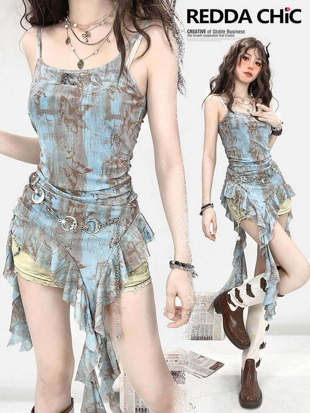 ReddaChic Hand Painted Blue Resort Strappy Camisole Short Set Women Flare Jeans