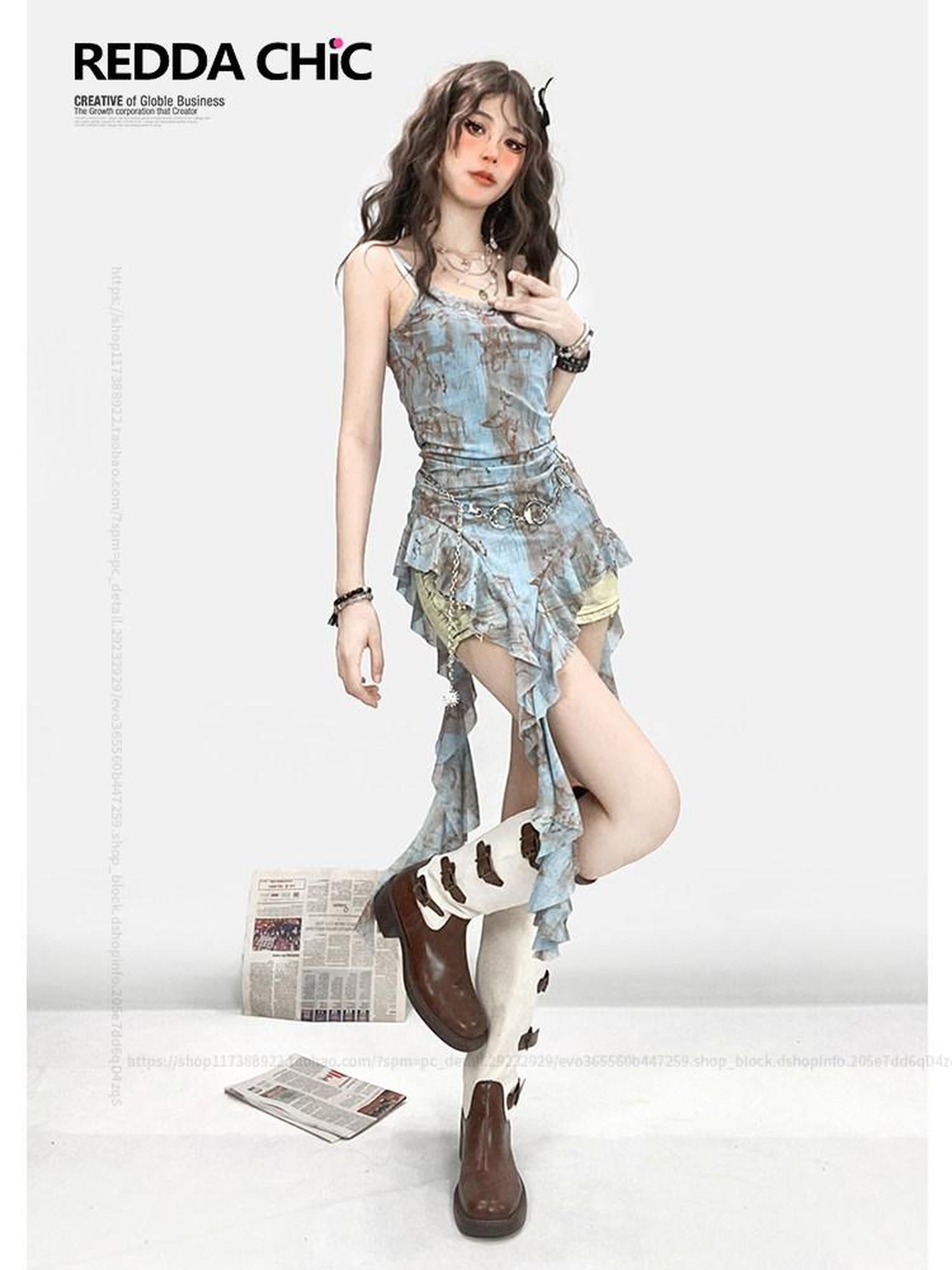 ReddaChic Hand Painted Blue Resort Strappy Camisole Short Set Women Flare Jeans