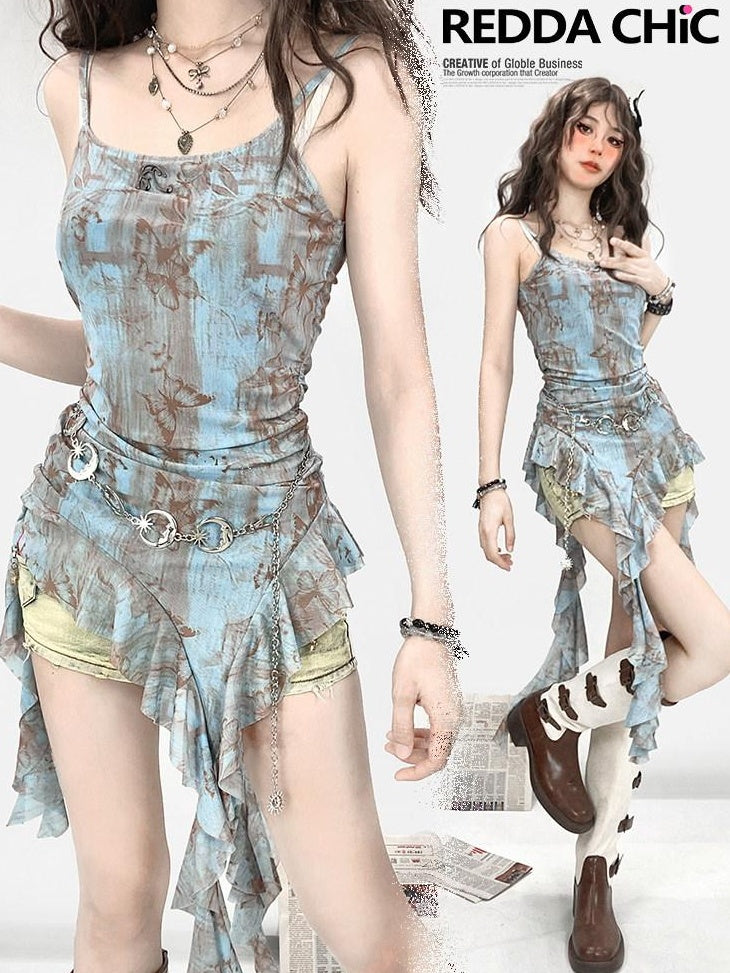 ReddaChic Hand Painted Blue Resort Strappy Camisole Short Set Women Flare Jeans