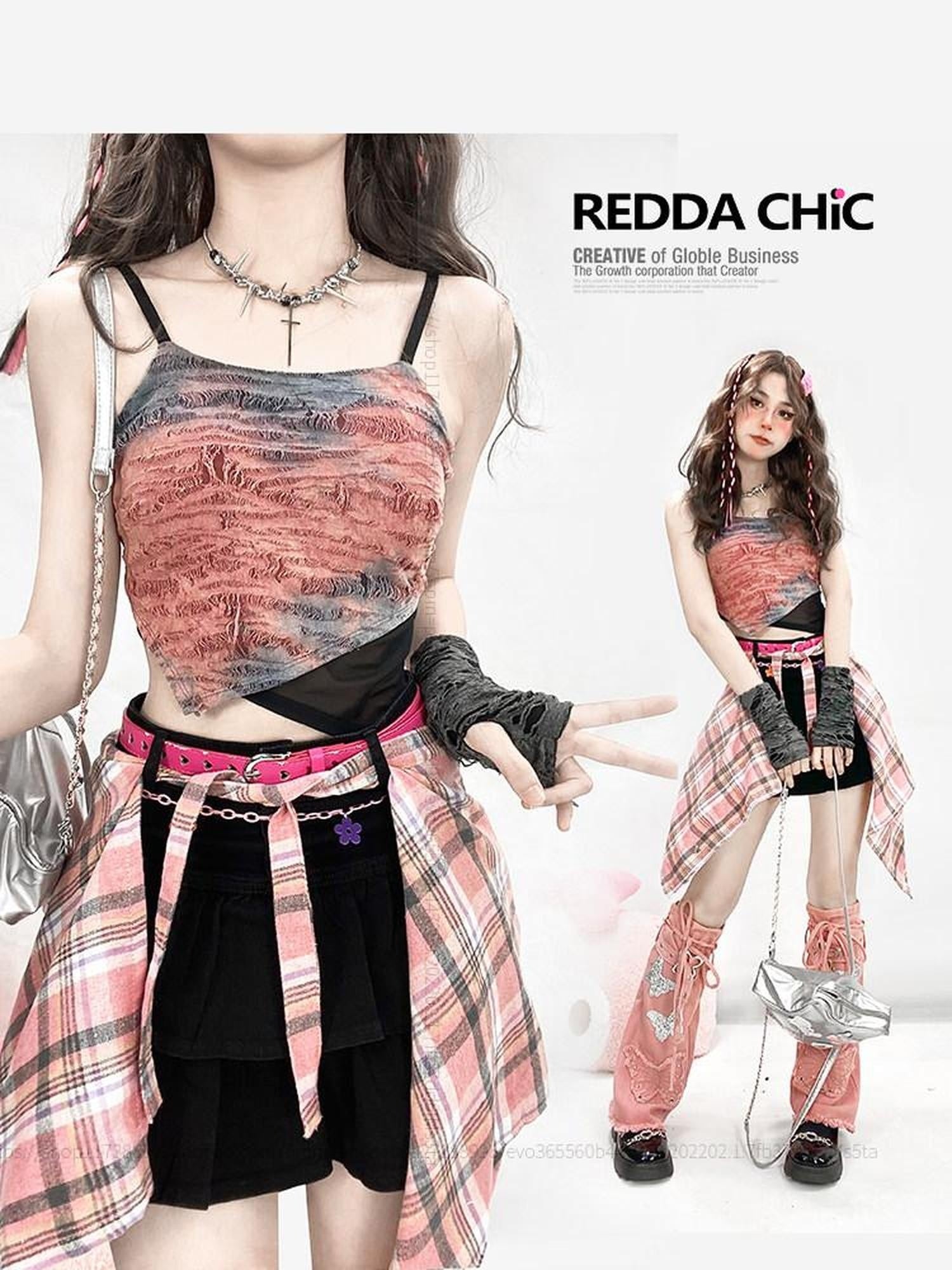 ReddaChic Hand Painted Red Cropped Streetwear Camisole Long Sleeve T-Shirts