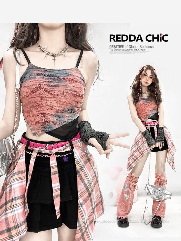 ReddaChic Hand Painted Red Cropped Streetwear Camisole Long Sleeve T-Shirts