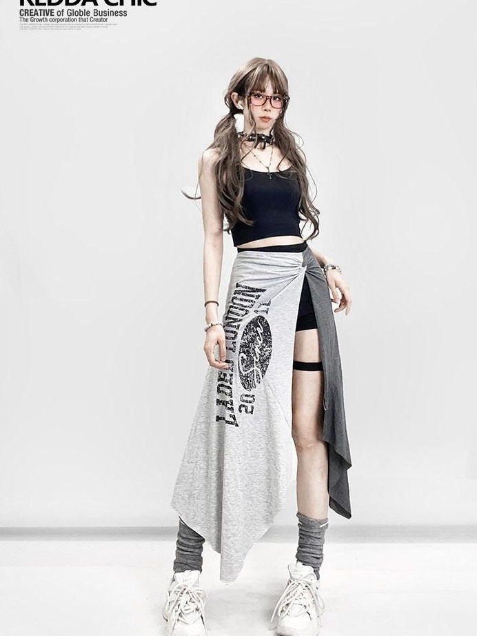 ReddaChic High Waist Asymmetric A Line Slim Printed Versatile Women Citywalk Mini Skirts