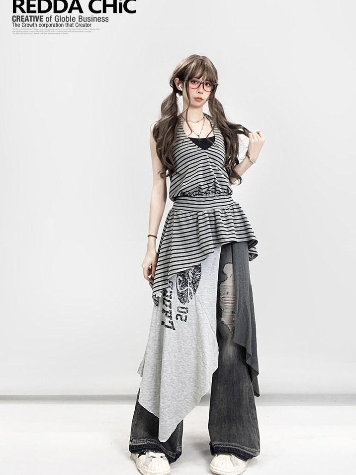 ReddaChic High Waist Asymmetric A Line Slim Printed Versatile Women Citywalk Mini Skirts