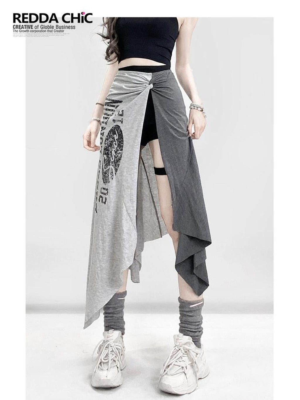 ReddaChic High Waist Asymmetric A Line Slim Printed Versatile Women Citywalk Mini Skirts