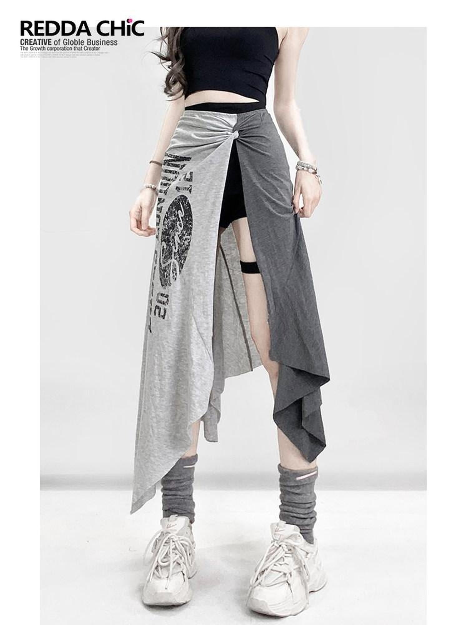 ReddaChic High Waist Asymmetric A Line Slim Printed Versatile Women Citywalk Mini Skirts