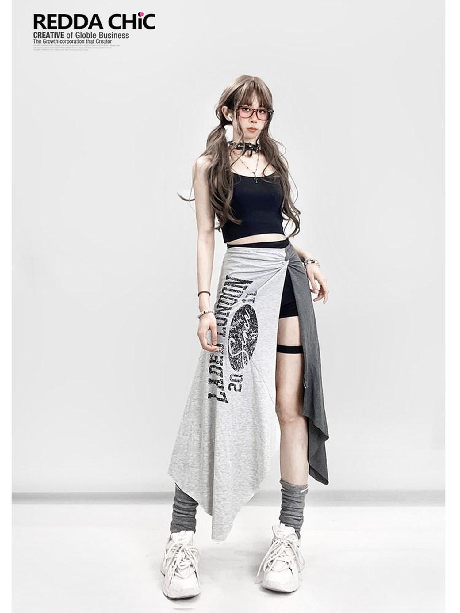 ReddaChic High Waist Asymmetric A Line Slim Printed Versatile Women Citywalk Mini Skirts