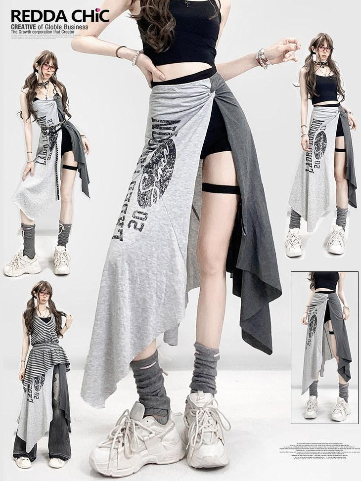 ReddaChic High Waist Asymmetric A Line Slim Printed Versatile Women Citywalk Mini Skirts