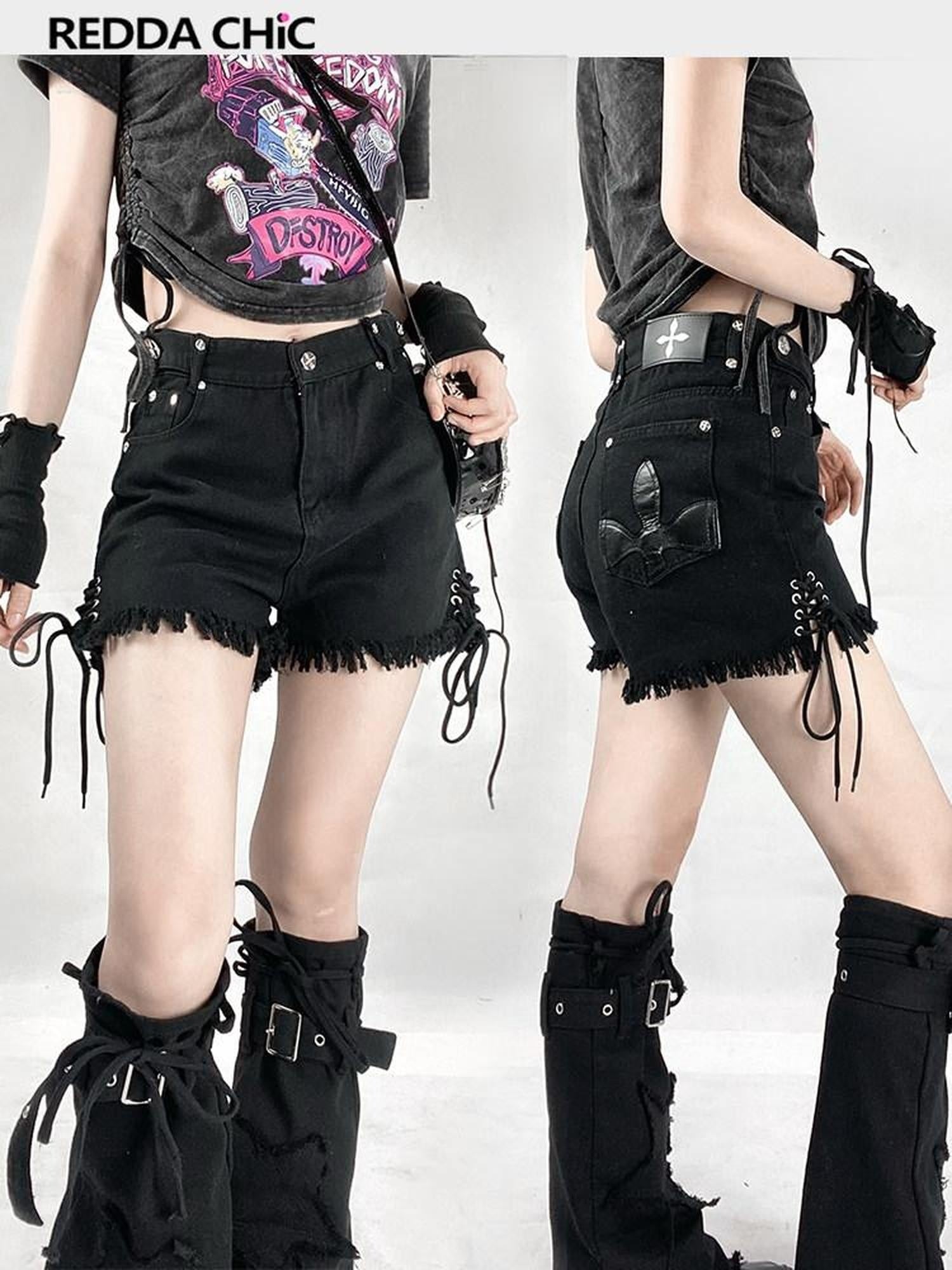 ReddaChic High Waist Black Denim Flared Mini Length Everyday Street Style Mini Skirts