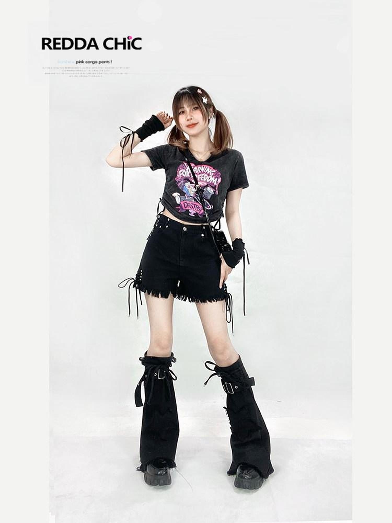 ReddaChic High Waist Black Denim Flared Mini Length Everyday Street Style Mini Skirts