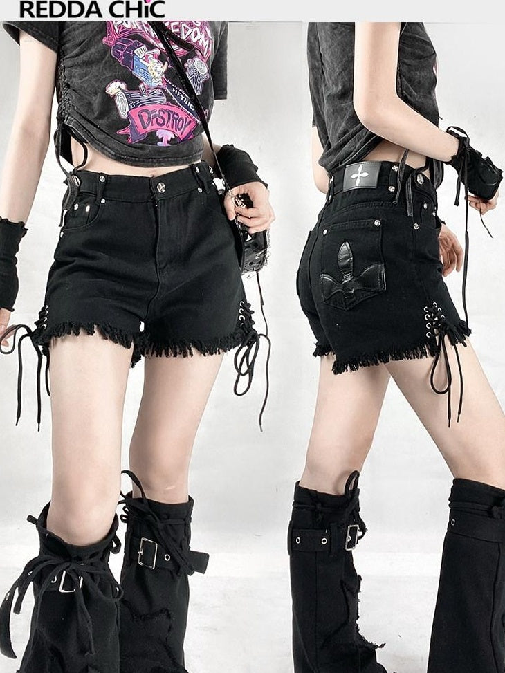 ReddaChic High Waist Black Denim Flared Mini Length Everyday Street Style Mini Skirts