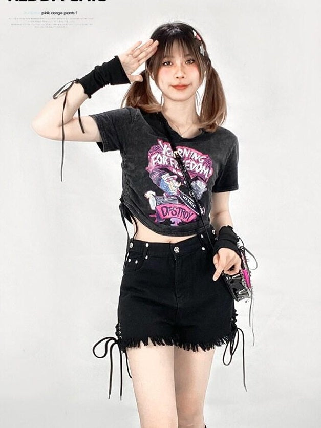ReddaChic High Waist Black Denim Flared Mini Length Everyday Street Style Mini Skirts