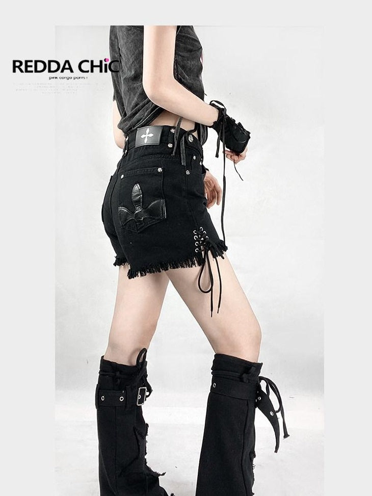 ReddaChic High Waist Black Denim Flared Mini Length Everyday Street Style Mini Skirts