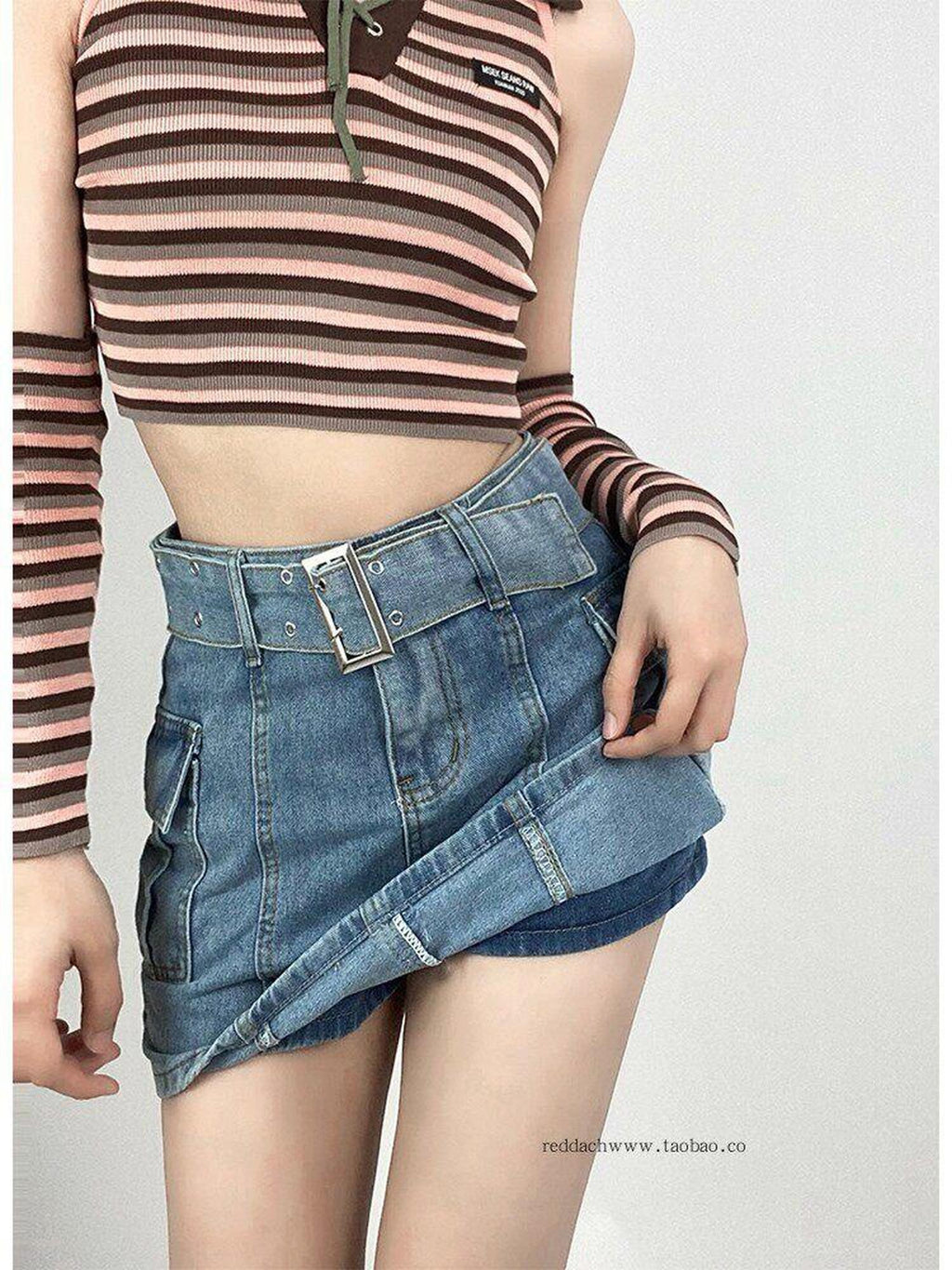 ReddaChic High Waist Blue Denim Tie Patchwork Korean Office A Line Mini Skirts