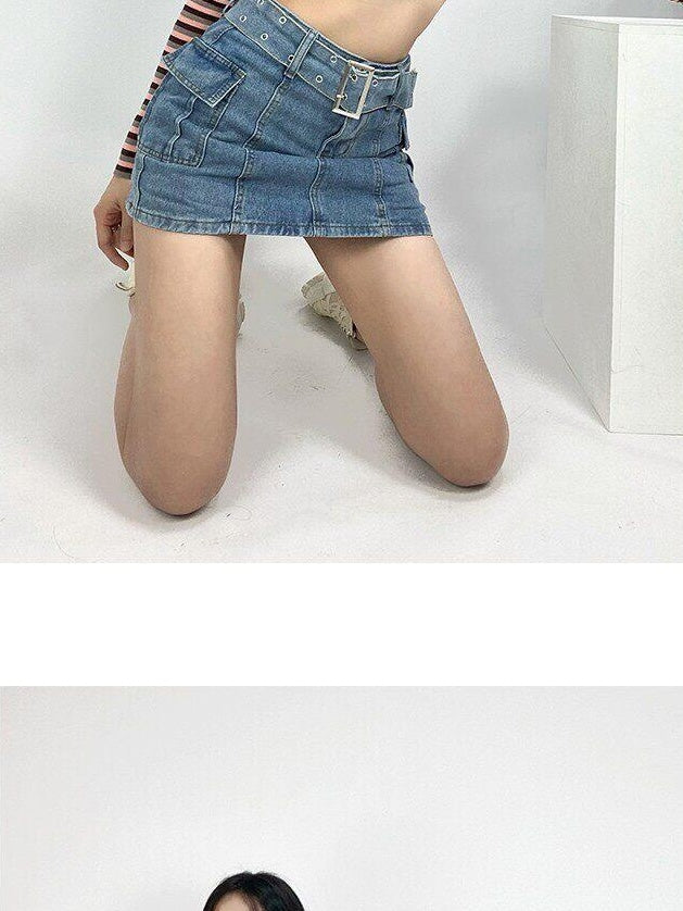 ReddaChic High Waist Blue Denim Tie Patchwork Korean Office A Line Mini Skirts