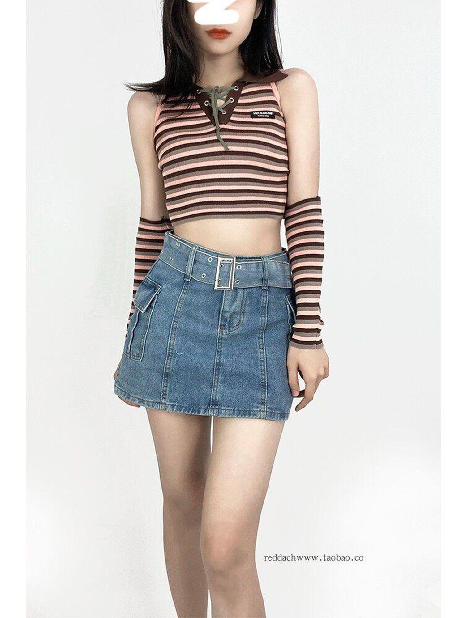 ReddaChic High Waist Blue Denim Tie Patchwork Korean Office A Line Mini Skirts
