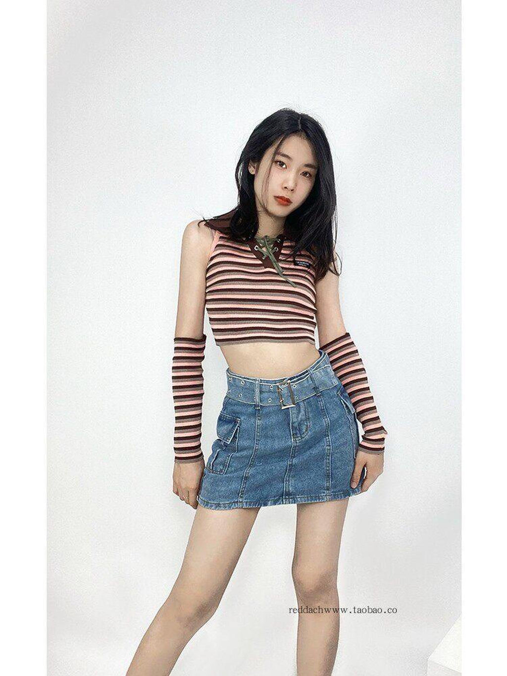ReddaChic High Waist Blue Denim Tie Patchwork Korean Office A Line Mini Skirts