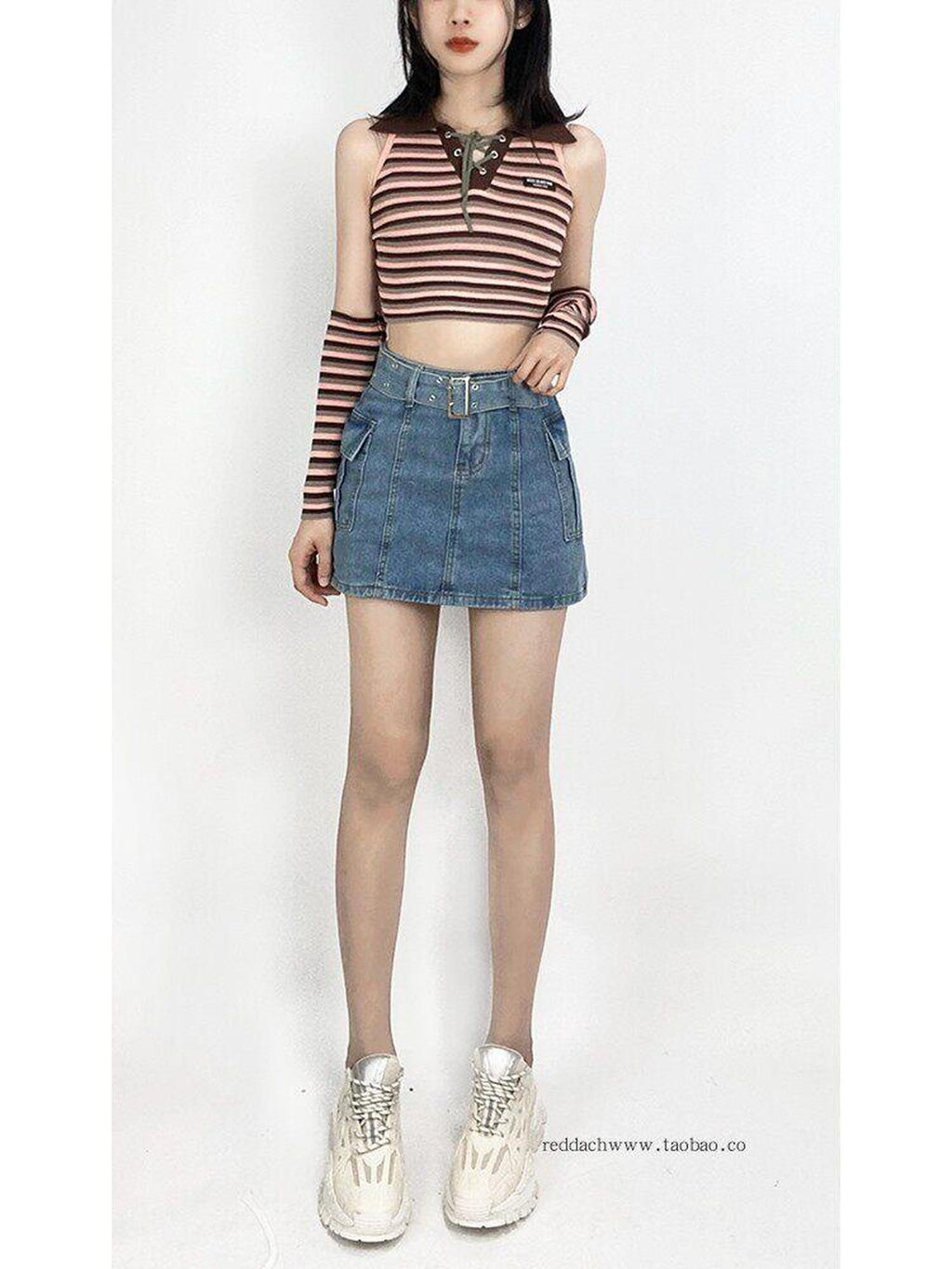 ReddaChic High Waist Blue Denim Tie Patchwork Korean Office A Line Mini Skirts
