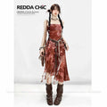 ReddaChic_High_Waist_Burgundy_Floral_Aline_Ruffle_New_Chinese_Style_Denim_Shorts_MISSTT