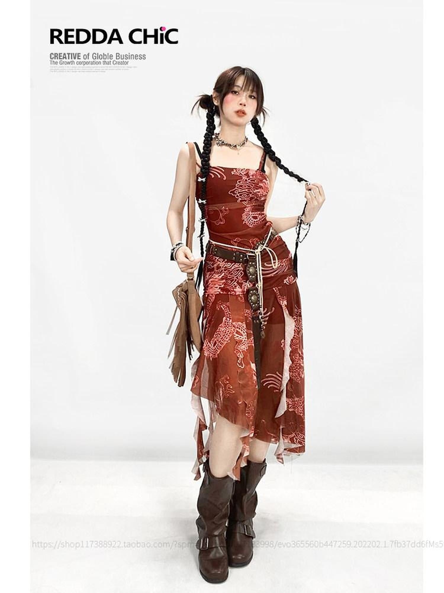 ReddaChic High Waist Burgundy Floral Aline Ruffle New Chinese Style Denim Shorts