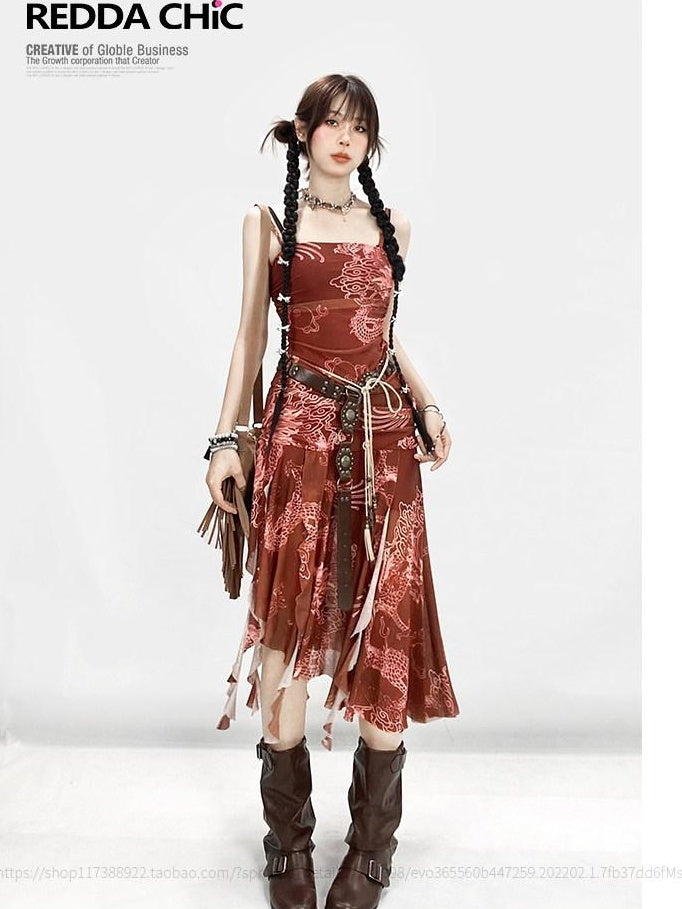 ReddaChic High Waist Burgundy Floral Aline Ruffle New Chinese Style Denim Shorts