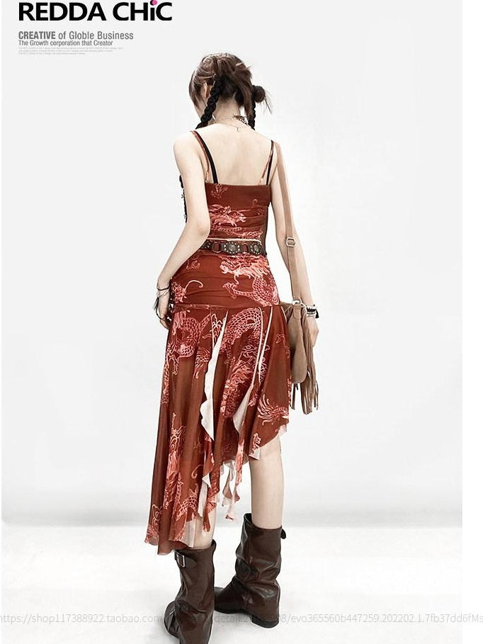ReddaChic High Waist Burgundy Floral Aline Ruffle New Chinese Style Denim Shorts