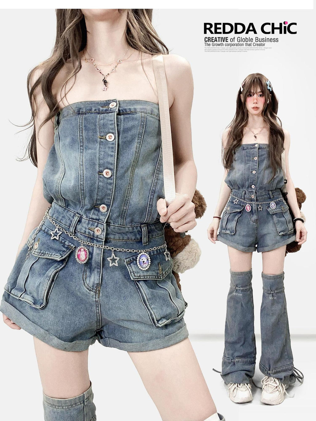 ReddaChic High Waist Button Fly Casual Slim Fit Suspenders Denim Straight Jeans