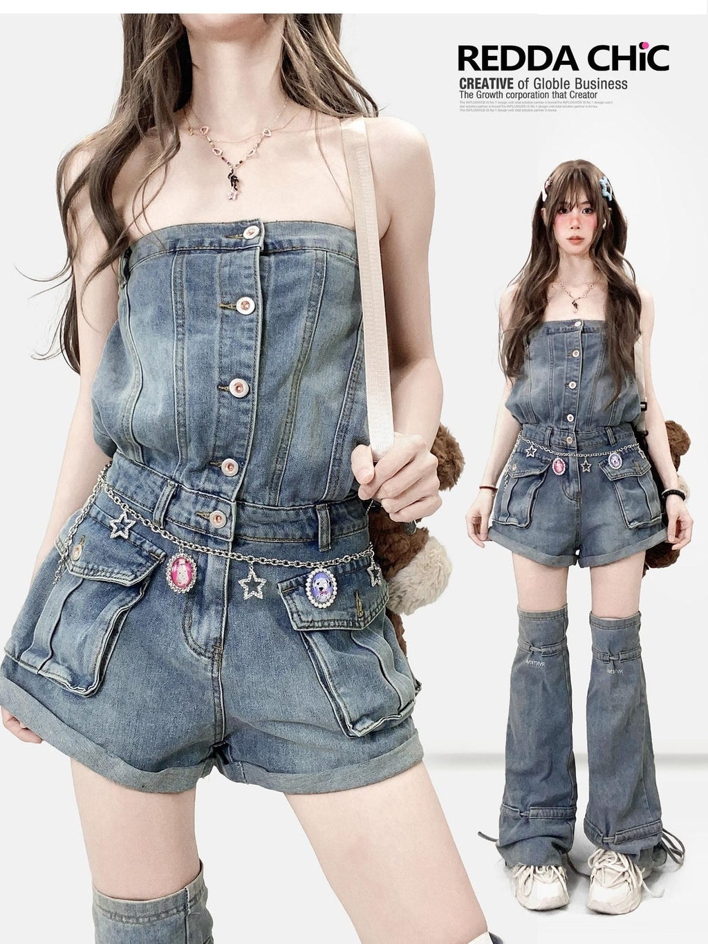 ReddaChic High Waist Button Fly Casual Slim Fit Suspenders Denim Straight Jeans