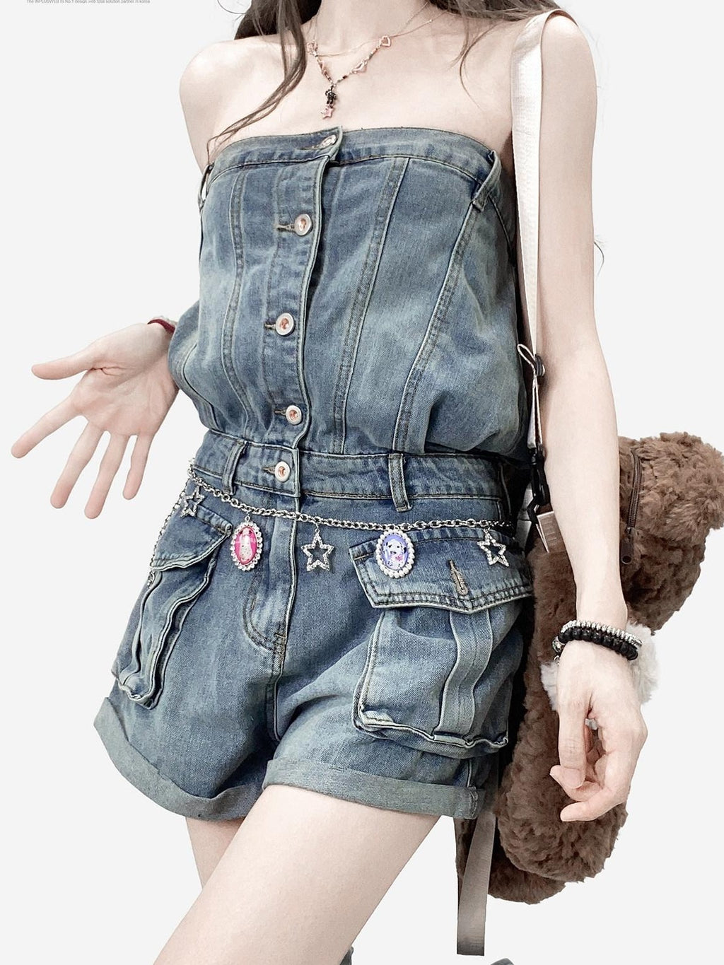 ReddaChic High Waist Button Fly Casual Slim Fit Suspenders Denim Straight Jeans
