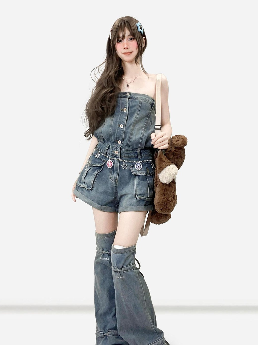 ReddaChic High Waist Button Fly Casual Slim Fit Suspenders Denim Straight Jeans