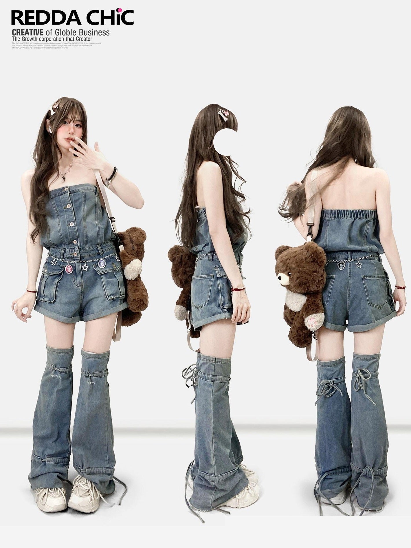 ReddaChic High Waist Button Fly Casual Slim Fit Suspenders Denim Straight Jeans
