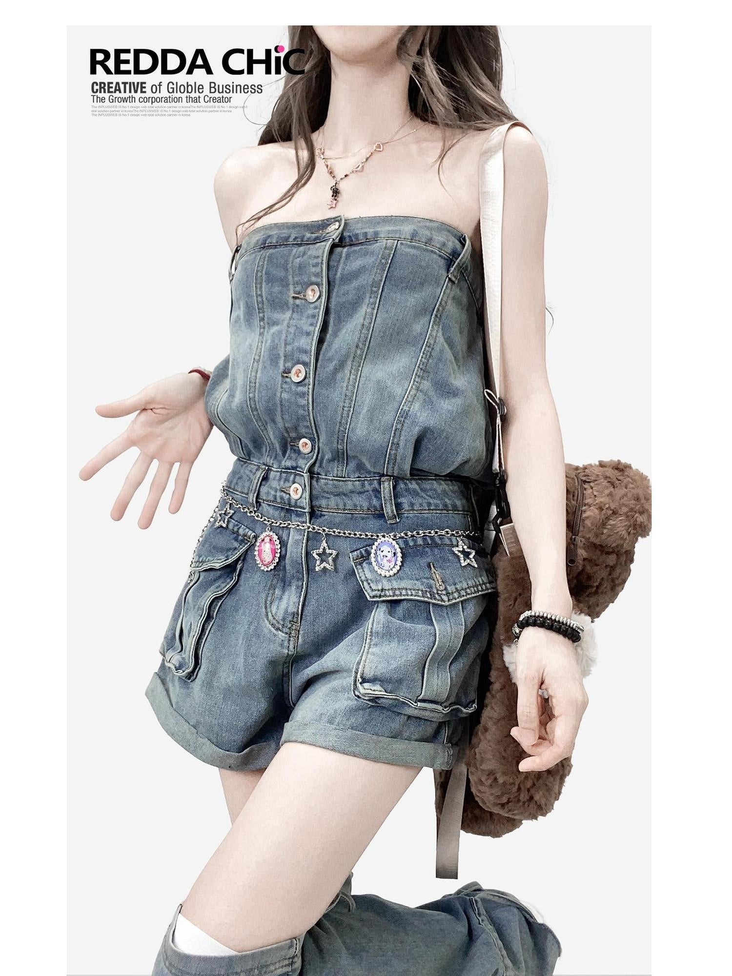 ReddaChic High Waist Button Fly Casual Slim Fit Suspenders Denim Straight Jeans