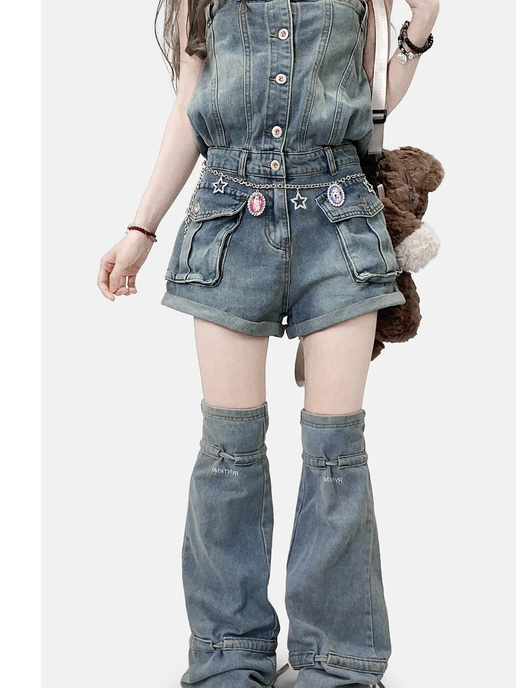 ReddaChic High Waist Button Fly Casual Slim Fit Suspenders Denim Straight Jeans