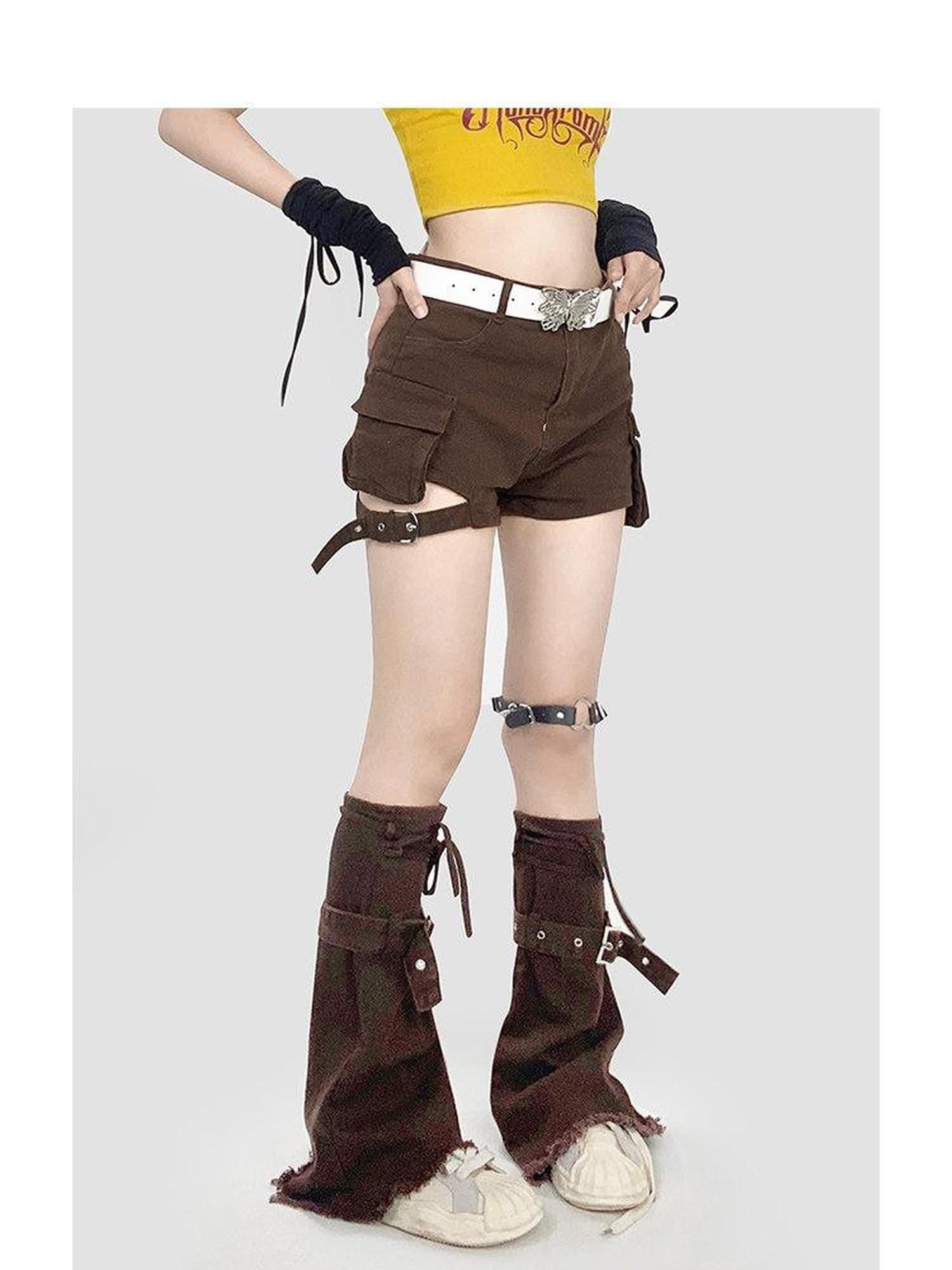 ReddaChic High Waist Cargo Short Dark Brown Youth Casual Streetwear Straight Jeans