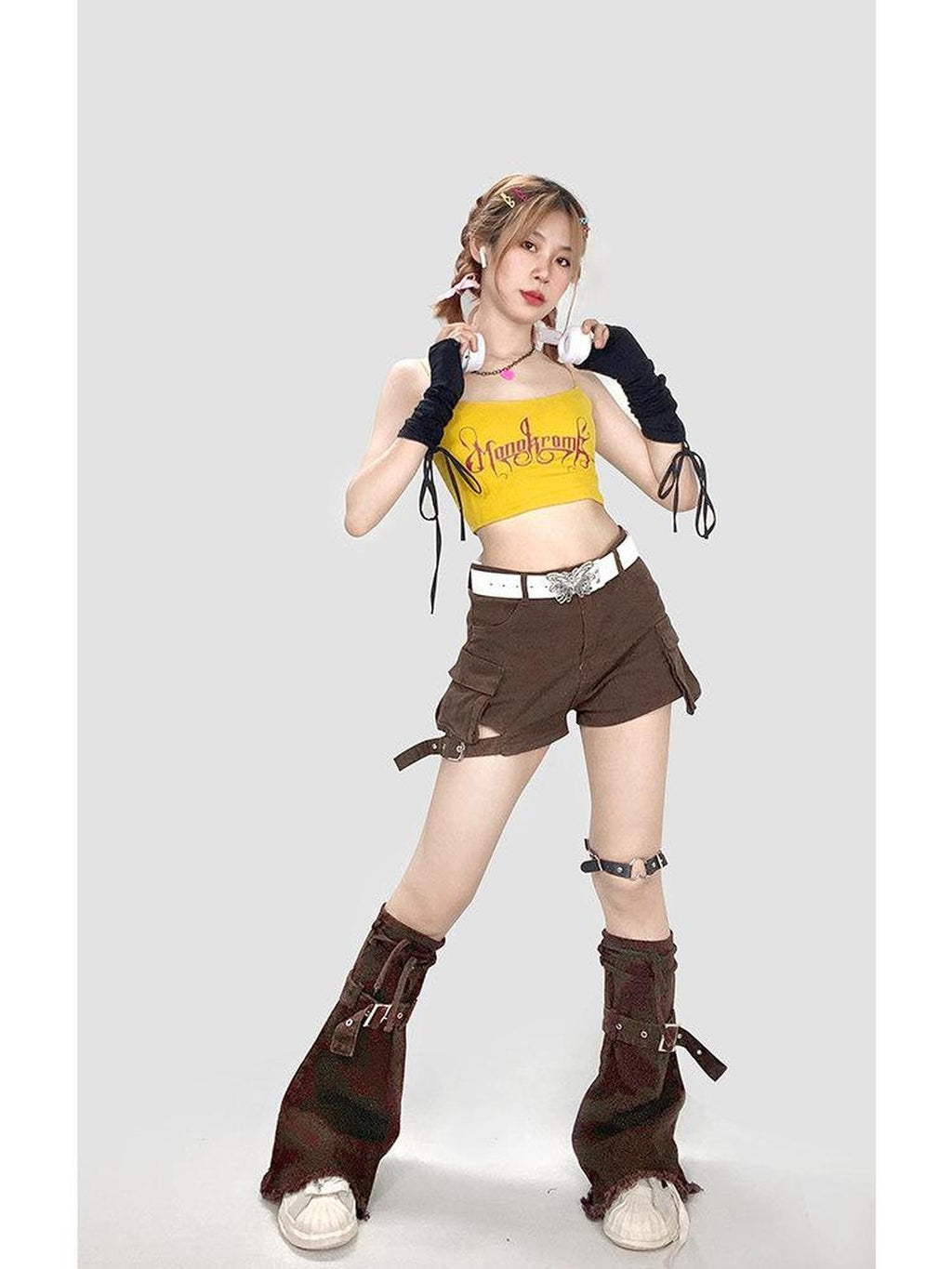 ReddaChic High Waist Cargo Short Dark Brown Youth Casual Streetwear Straight Jeans