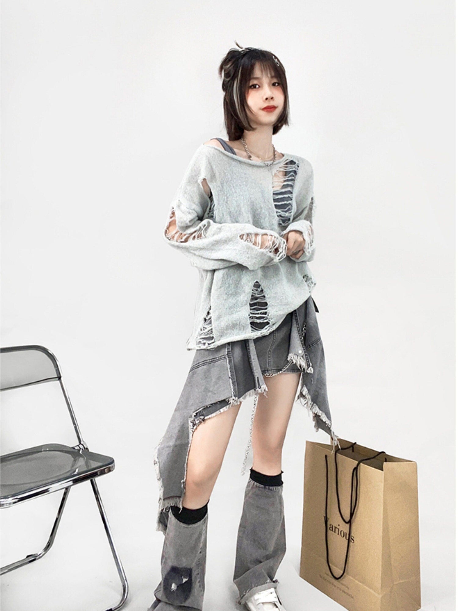 ReddaChic High Waist Denim Asymmetric Distressed Tie Ruffle Fringe Street A Line Maxi Skirts