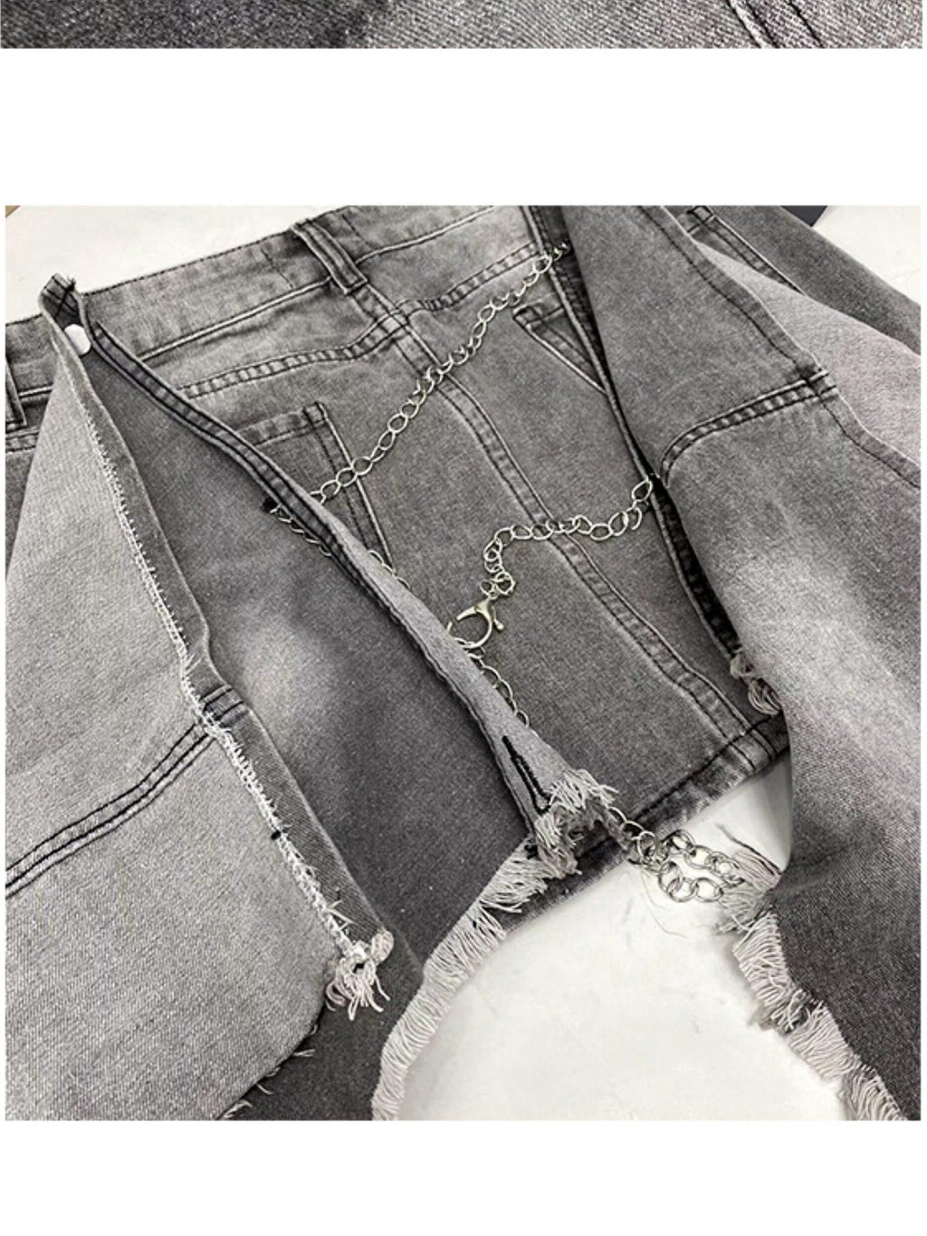ReddaChic High Waist Denim Asymmetric Distressed Tie Ruffle Fringe Street A Line Maxi Skirts