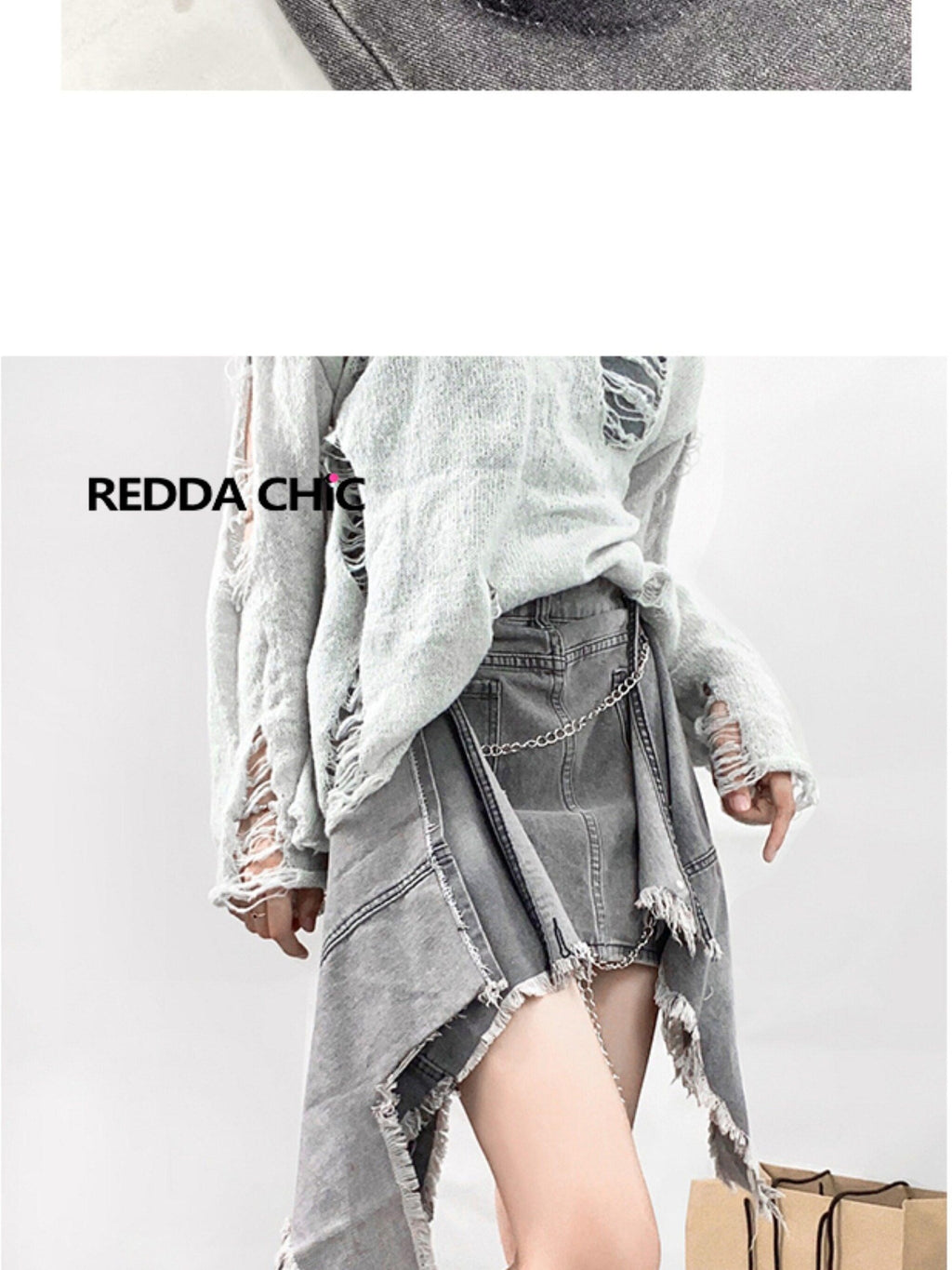 ReddaChic High Waist Denim Asymmetric Distressed Tie Ruffle Fringe Street A Line Maxi Skirts
